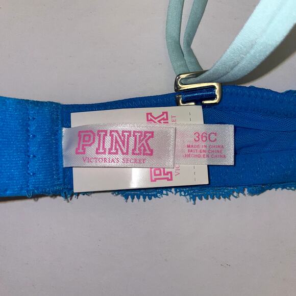 Victoria's Secret PINK Heartbreaker Plunge Push Up Bra Womens 36C Blue Animal - Picture 8 of 8
